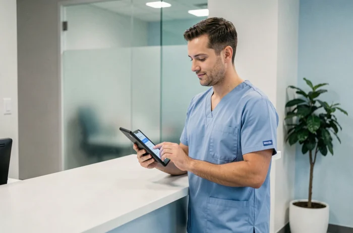 Professionnel de santé accédant à son espace sécurisé Weda sur une tablette à l'accueil d'une clinique