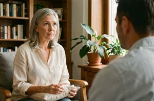 Femme en séance de soutien psychologique avec un thérapeute dans un cabinet chaleureux et boisé