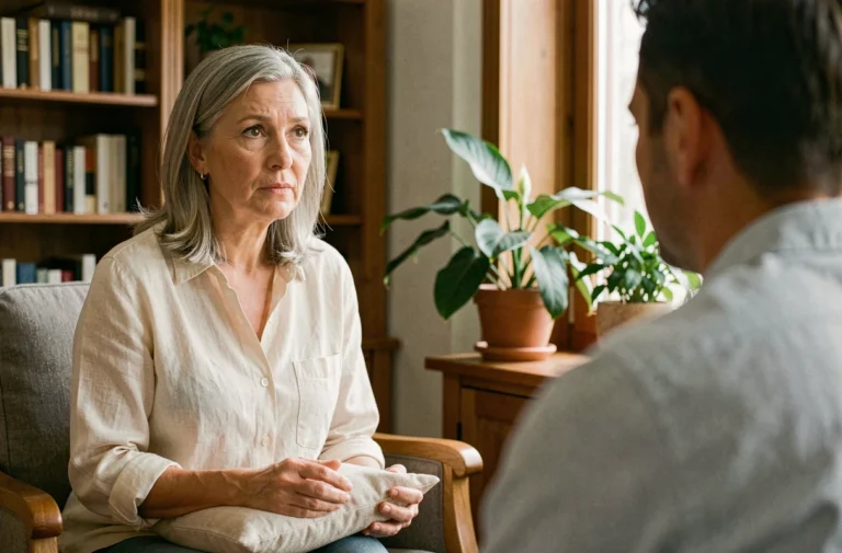 Femme en séance de soutien psychologique avec un thérapeute dans un cabinet chaleureux et boisé
