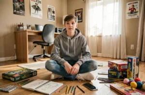 Adolescent de 14 ans entouré d'activités créatives variées dans sa chambre