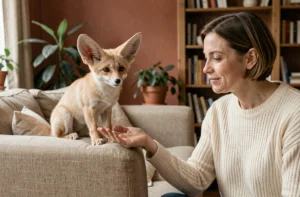 Femme adoptant un fennec domestique dans un appartement français, animal aux grandes oreilles posé sur un canapé en lin