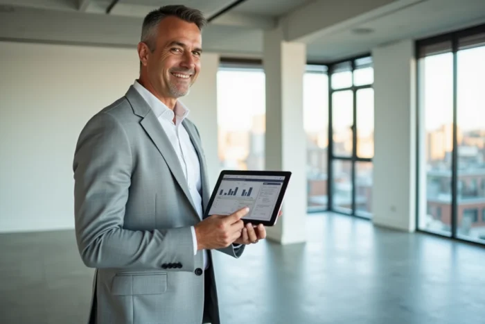 Agent immobilier consultant un logiciel de gestion sur tablette dans un appartement vide à louer