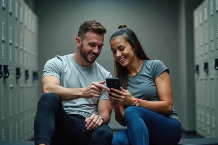 Deux amis consultant une offre de parrainage Basic Fit sur un smartphone dans un vestiaire de salle de sport