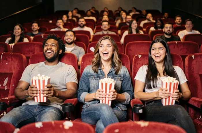 Groupe d'amis dans une salle de cinéma vintage aux fauteuils en velours rouge, réagissant avec émotion à un film