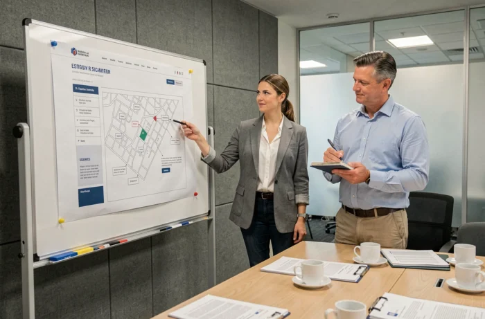 Deux professionnels de l'immobilier analysant l'architecture et la structure de navigation d'un site web immobilier sur un tableau blanc en salle de réunion
