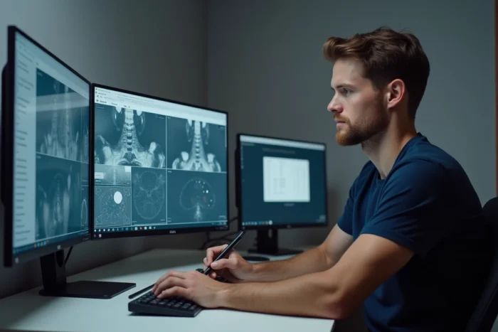 Un homme concentré annotant des données sur un écran d'ordinateur avec une tablette graphique pour une plateforme d'intelligence artificielle