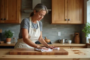Femme appliquant de l'huile de lin sur un plan de travail en bois massif dans une cuisine