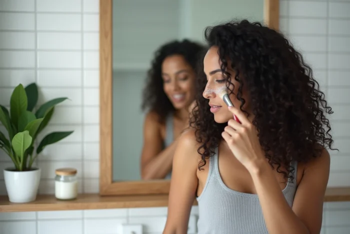 Femme appliquant un shampoing sec naturel fait maison sur ses racines dans une salle de bain minimaliste