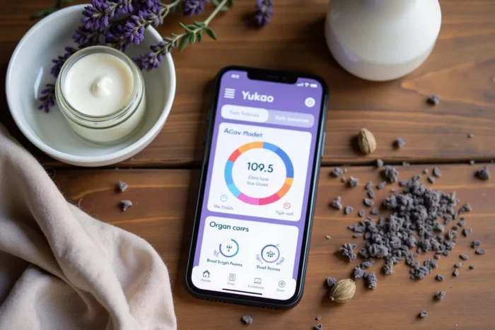 Application Yuka affichant la note d'une crème bio La Provençale sur smartphone posé avec des produits naturels