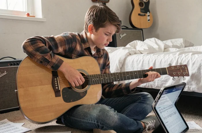 Ado jouant de la guitare acoustique en suivant des tutoriels gratuits sur tablette dans sa chambre
