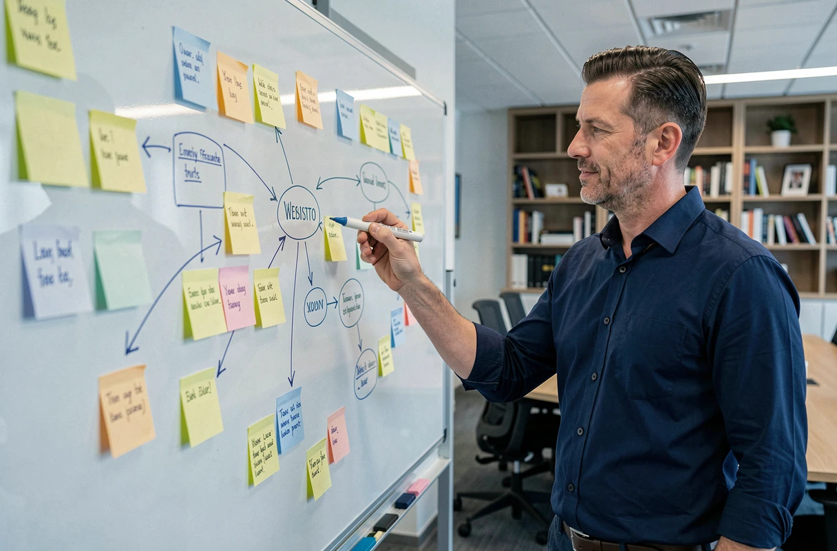 Homme en agence digitale présentant l'architecture d'un site web sur un tableau blanc avec des post-it et des flèches de navigation