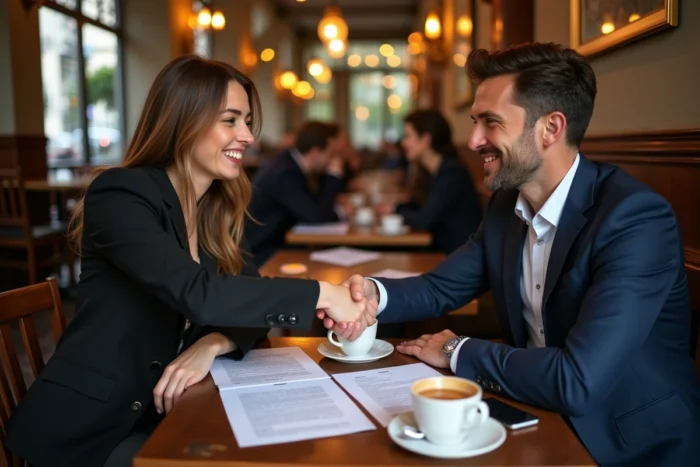 Deux associés français signant un accord commercial autour d'un café dans une brasserie parisienne