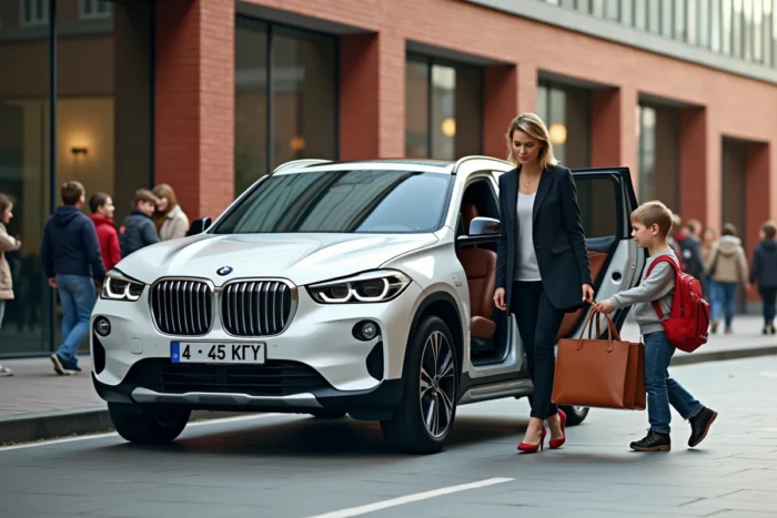Un BMW iX1 blanc alpin devant une école urbaine, une femme aide deux enfants à descendre du SUV compact avec leurs affaires scolaires