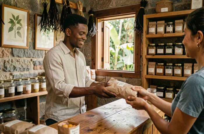 Vendeur mauricien dans une boutique de plantation de vanille à Chamarel remettant un paquet de gousses à un touriste