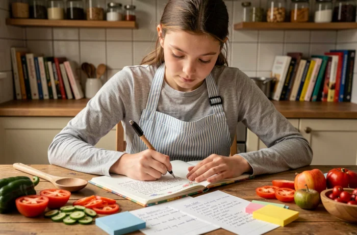Adolescente écrivant dans un carnet de recettes personnalisé à la table de cuisine
