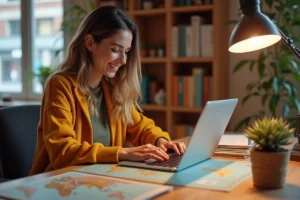 Une femme assise à un bureau écrit un message bon voyage sur son ordinateur entouré de cartes postales et d'une carte du monde