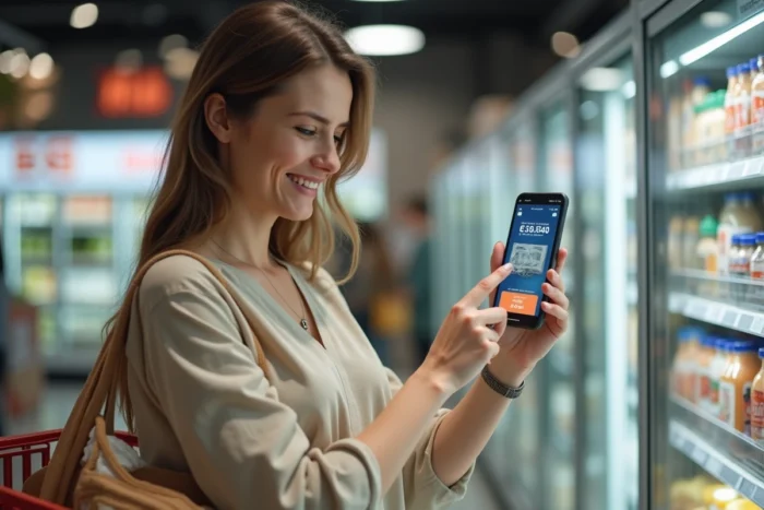 Une femme scannant un produit dans un supermarché avec une application de cashback sur son smartphone pour obtenir des remises sur ses achats quotidiens
