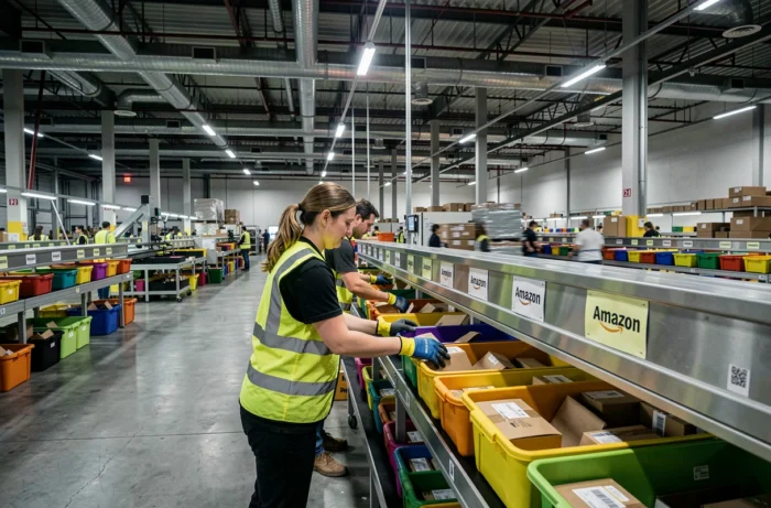 Vue grand angle d'un centre de tri Amazon la nuit avec des employés en gilets haute visibilité triant des colis, illustrant les conditions de travail nocturnes