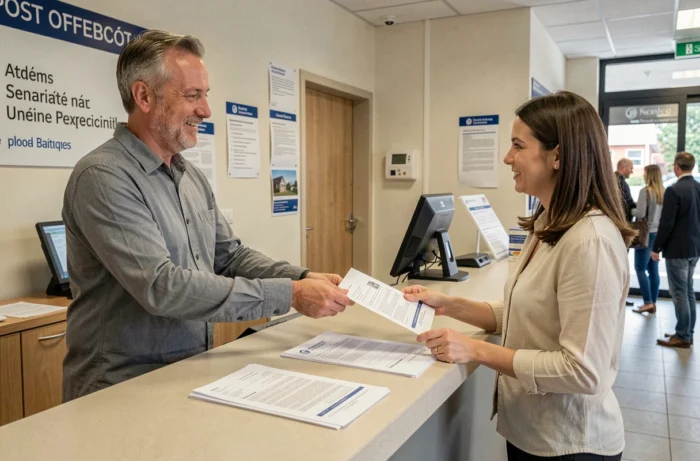 Homme déposant un document à certifier conforme auprès d'un agent dans un bureau de poste français