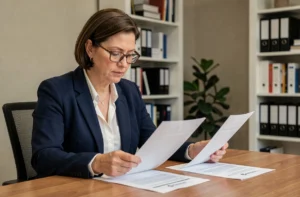 Femme comparant deux documents administratifs pour certifier conforme une copie à l'original dans un bureau professionnel
