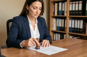 Femme certifiant conforme un document avec un tampon officiel dans un bureau à domicile bien rangé
