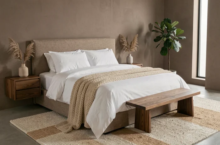 Chambre moderne et apaisante avec literie en coton blanc, tête de lit en lin taupe et décoration végétale tendance