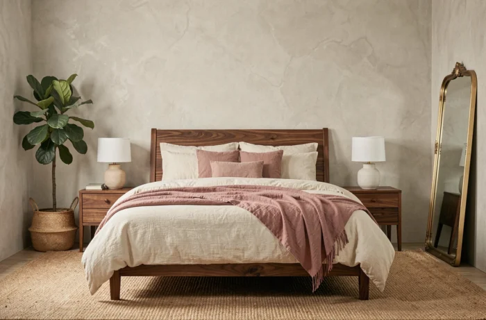 Chambre apaisante style 2024 avec lit en noyer, linge de lit en coton bio et mur en enduit à la chaux