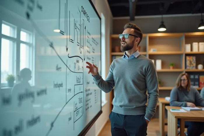 Chef de projet présentant une stratégie de lancement de business sur tableau blanc dans une startup française