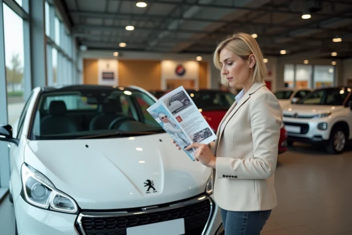 Femme consultant une brochure des moteurs Peugeot 208 dans une concession automobile lors du choix d'une version