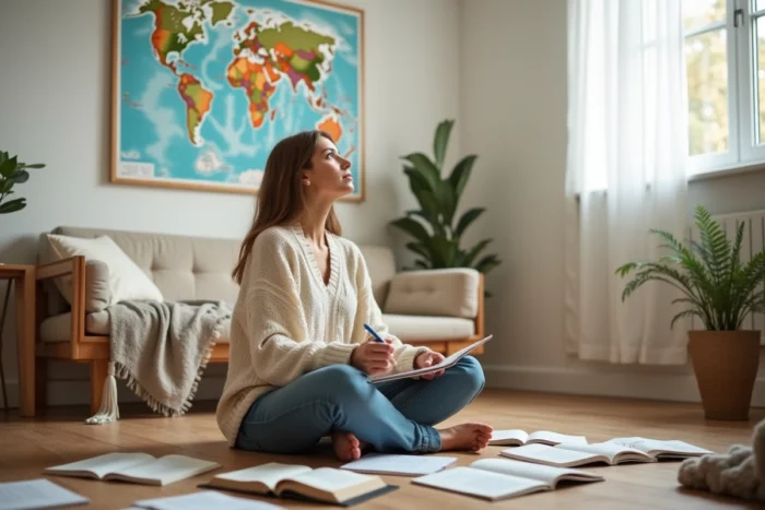 Une femme réfléchissant entourée de livres de voyage et de notes manuscrites, cherchant une citation inspirante à personnaliser