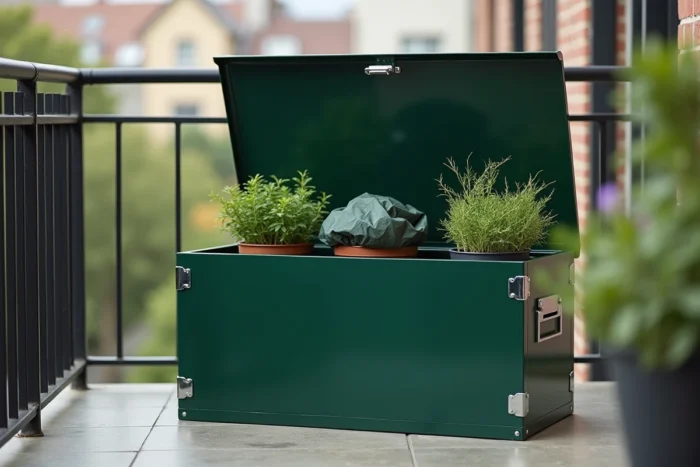 Coffre de rangement extérieur en acier vert sur un balcon urbain avec rangement ouvert et vue sur la ville
