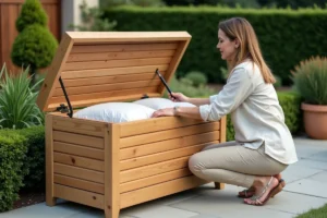 Femme ouvrant un coffre de rangement extérieur en teck sur une terrasse en pierre entourée de plantes