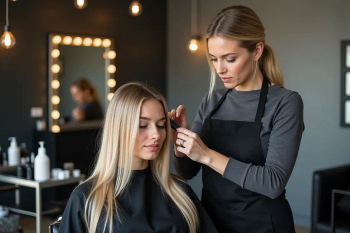 Coiffeuse professionnelle appliquant le soin Vermogal sur les cheveux blonds d'une cliente dans un salon de coiffure