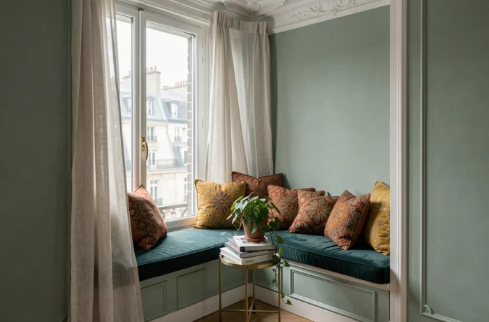 Coin lecture cosy avec banquette en velours bleu canard, coussins brodés et table en laiton dans un appartement haussmannien au décor raffiné