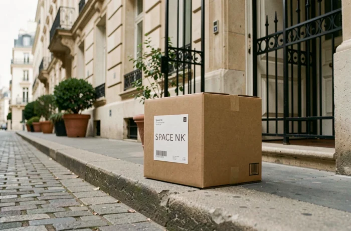 Colis Space NK déposé devant la porte d'un appartement parisien de style haussmannien après livraison