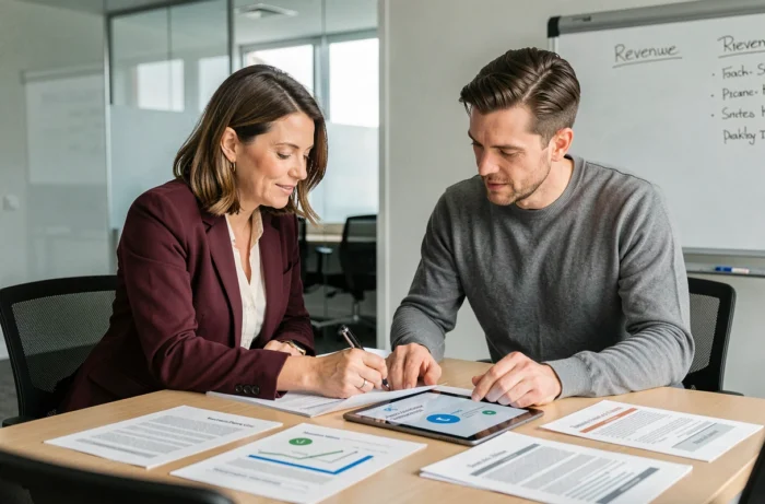 Deux collègues comparant des plateformes alternatives pour monétiser un site web lors d'une réunion professionnelle
