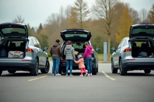 Plusieurs familles chargent leurs véhicules électriques familiaux dans un parking d'autoroute, ambiance road trip du week-end