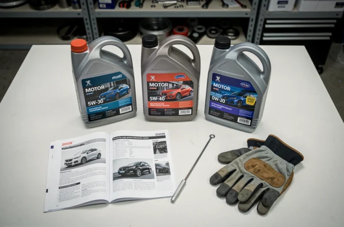 Comparatif de différentes huiles moteur adaptées à la Peugeot 2008 avec le manuel du propriétaire ouvert sur les recommandations de viscosité