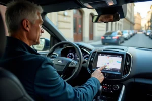 Conducteur Ford utilisant le GPS connecté sur l'écran tactile central du SUV en ville