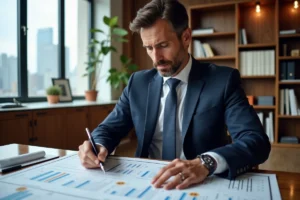 Conseiller financier analysant des documents de défiscalisation immobilière dans un bureau moderne