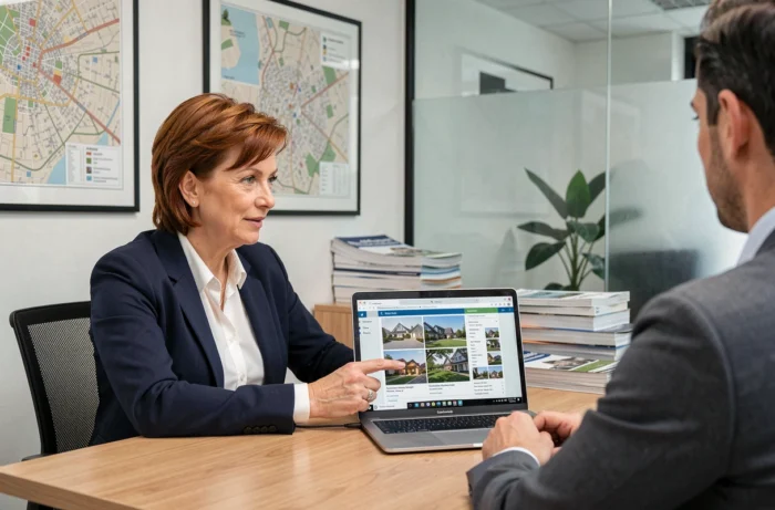 Agent immobilière conseillant un client sur les avantages de l'achat ou de la location d'un bien immobilier en agence