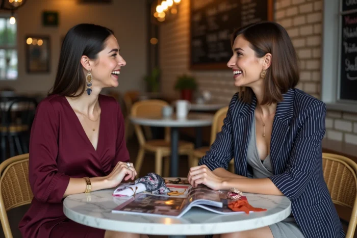 Deux femmes tendance discutant de conseils mode autour d'accessoires et magazines dans un café parisien