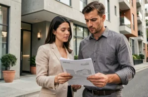 Couple de trentenaires examinant des documents immobiliers devant un immeuble moderne, hésitant entre louer ou acheter en 2026