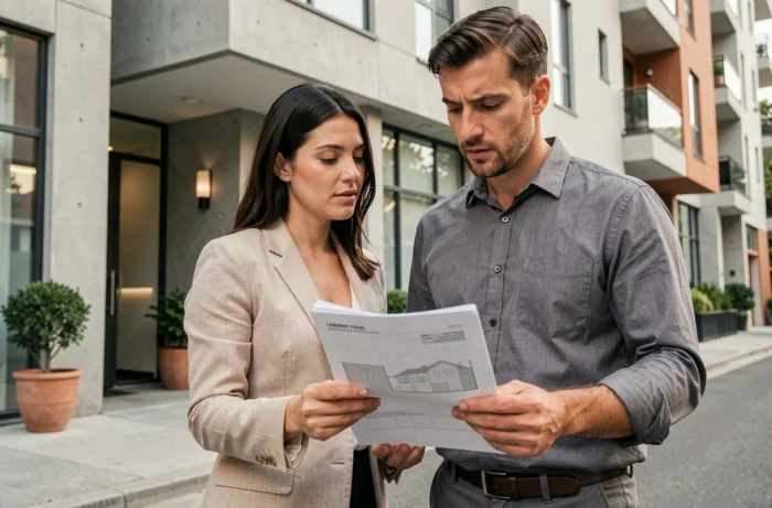 Couple de trentenaires examinant des documents immobiliers devant un immeuble moderne, hésitant entre louer ou acheter en 2026
