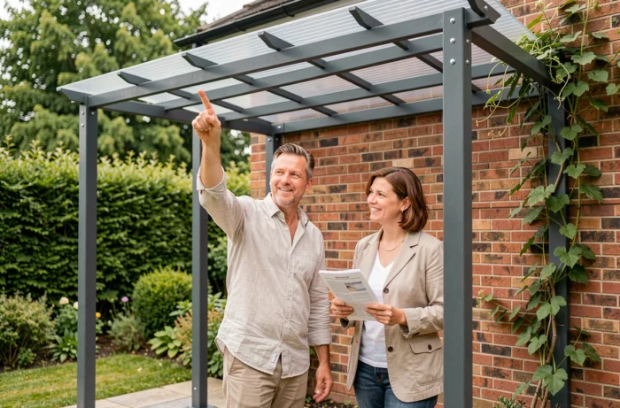 Couple inspectant une pergola 5x4 autoportante en acier anthracite fraîchement montée sur leur terrasse