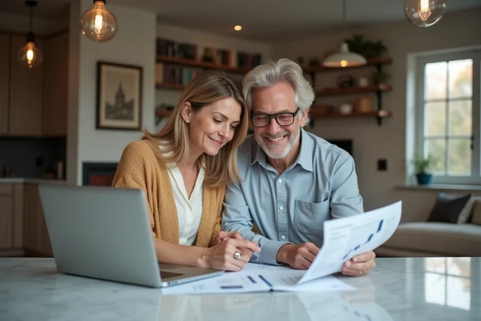 Couple d'investisseurs immobiliers étudiant des stratégies de défiscalisation à domicile