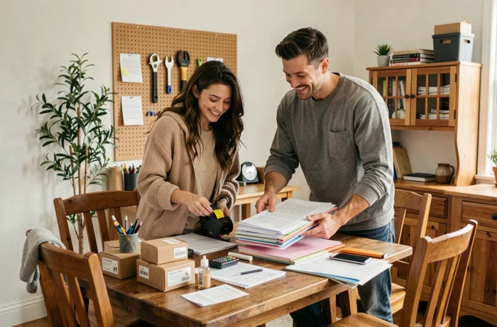 Couple triant et organisant des documents et fournitures sur une table en bois dans un espace bureau chaleureux et fonctionnel