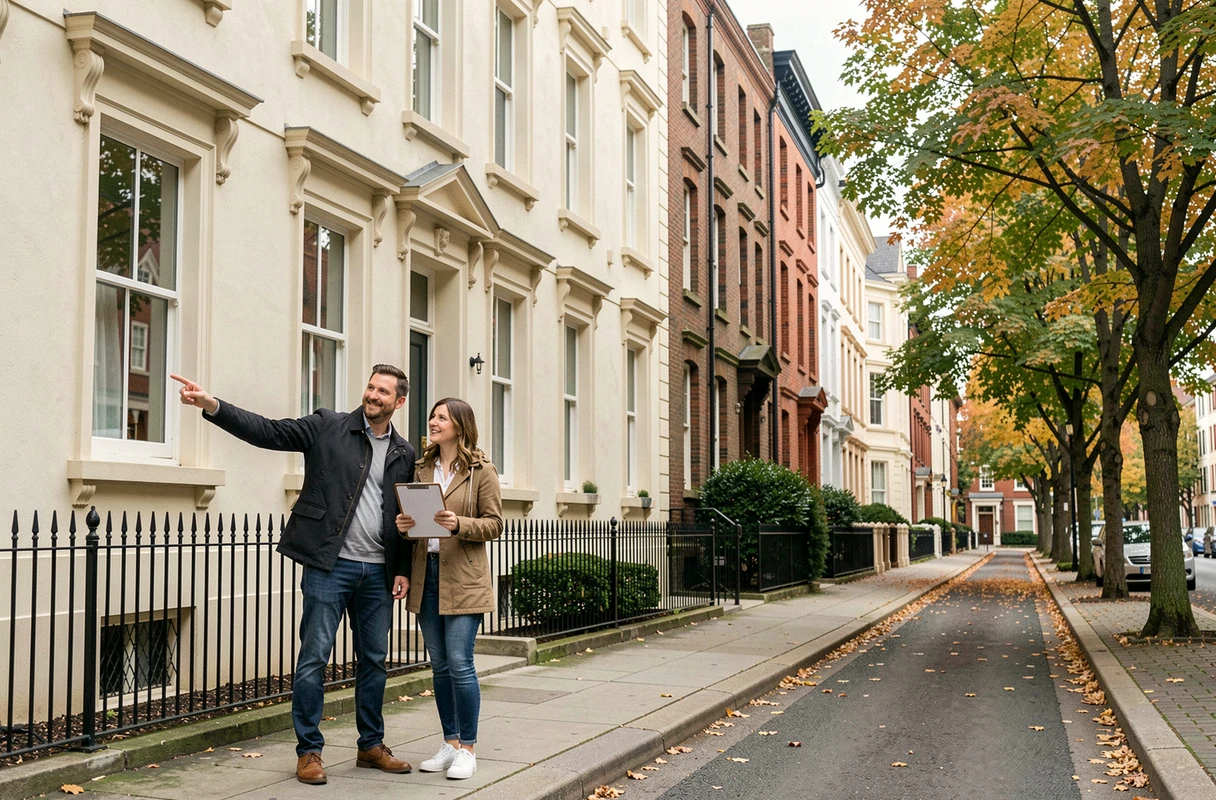 Couple inspectant un immeuble résidentiel pour un projet d'investissement immobilier locatif en ville
