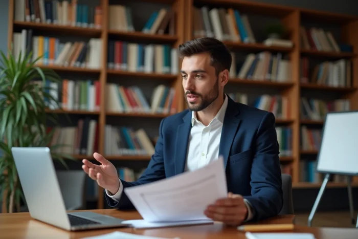 Un homme donnant un cours particulier à distance via un appel vidéo sur son ordinateur depuis un bureau bien organisé avec des livres en arrière-plan