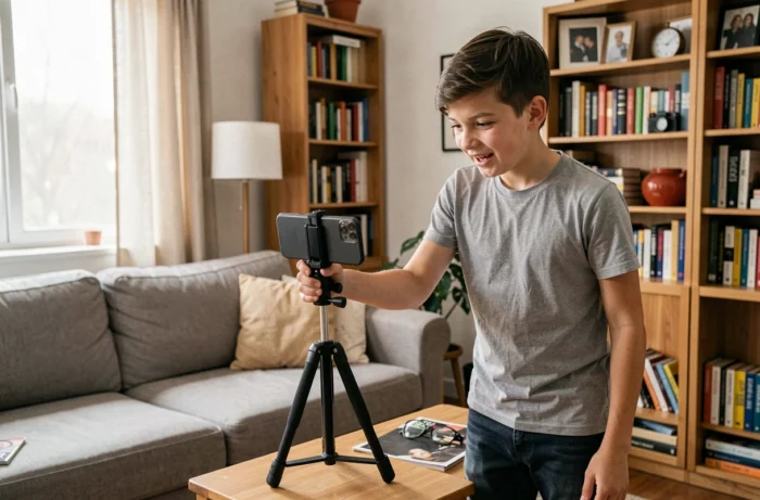 Ado de 14 ans filmant un court-métrage avec son smartphone dans le salon